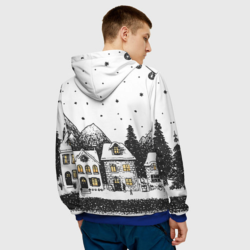 Мужская толстовка Черно-белый новогодний город / 3D-Синий – фото 4