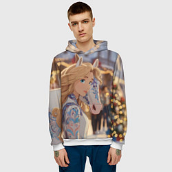 Толстовка-худи мужская Блондинка с новогодней лошадкой, цвет: 3D-белый — фото 2