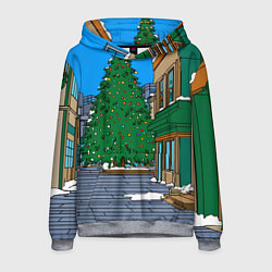 Толстовка-худи мужская Мультяшный новогодний двор, цвет: 3D-меланж