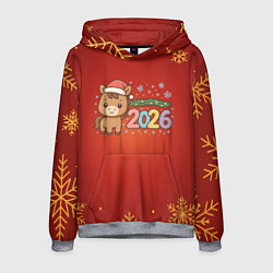 Мужская толстовка Новогодняя лошадка 2026 на красном фоне