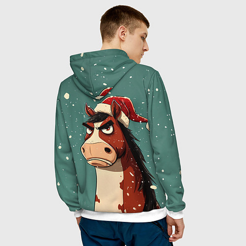 Мужская толстовка Новогодняя лошадь на фоне снегопада / 3D-Белый – фото 4