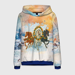 Толстовка-худи мужская Новогодняя тройка лошадей с мандаринами, цвет: 3D-синий