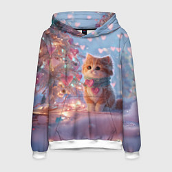 Мужская толстовка Маленький котенок у сияющей елочки