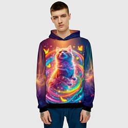 Толстовка-худи мужская Игривый кот в неоновых всполохах, цвет: 3D-черный — фото 2