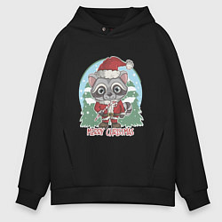 Толстовка оверсайз мужская Новогодний енот, цвет: черный