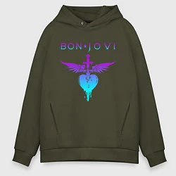 Толстовка оверсайз мужская BON JOVI NEON LOGO HEART, цвет: хаки