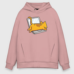 Мужское худи оверсайз Котик лежит на ноутбуке