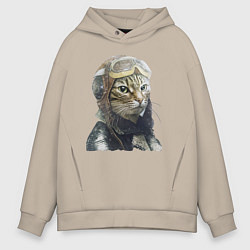 Толстовка оверсайз мужская Кот - пилот The pilot Cat, цвет: миндальный