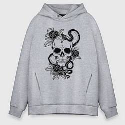 Мужское худи оверсайз Чёрная мамба обвивает череп и розы