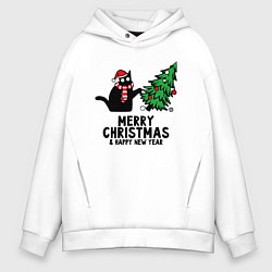 Мужское худи оверсайз Кот роняет новогоднюю ёлку