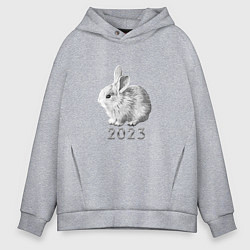 Толстовка оверсайз мужская Новогодний белый кролик, символ 2023 года, цвет: меланж