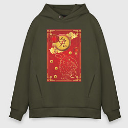 Мужское худи оверсайз Китайский иероглиф и золотой кролик на красном