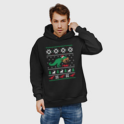 Толстовка оверсайз мужская Новогодний тирекс - ugly sweater, цвет: черный — фото 2