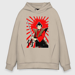 Мужское худи оверсайз Самурай с мечом на фоне флага