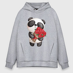 Толстовка оверсайз мужская Панда с букетом цветов, цвет: меланж