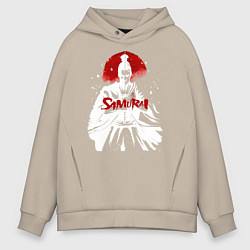 Мужское худи оверсайз Белый самурай с катаной перед лицом