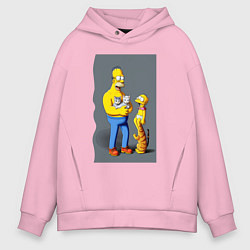 Толстовка оверсайз мужская Homer Simpson and cats - нейросеть арт, цвет: светло-розовый