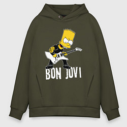 Толстовка оверсайз мужская Bon Jovi Барт Симпсон рокер, цвет: хаки