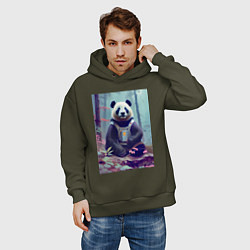 Толстовка оверсайз мужская Панда в кибер-жилете - нейросеть, цвет: хаки — фото 2