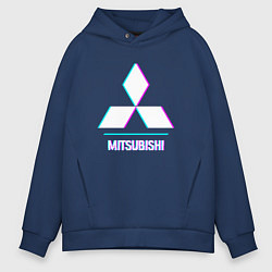 Толстовка оверсайз мужская Значок Mitsubishi в стиле glitch, цвет: тёмно-синий