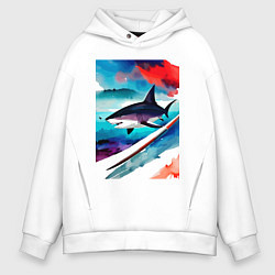 Толстовка оверсайз мужская Shark - watercolor - art, цвет: белый