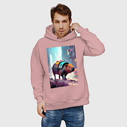 Толстовка оверсайз мужская Капибара в мегаполисе - киберпанк, цвет: пыльно-розовый — фото 2