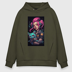 Толстовка оверсайз мужская Jinx with cat art League of Legends, цвет: хаки