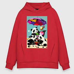 Толстовка оверсайз мужская Три панды под цветным зонтиком, цвет: красный