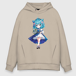 Мужское худи оверсайз Аниме девушка-кошка в синем платье с букетом цвето