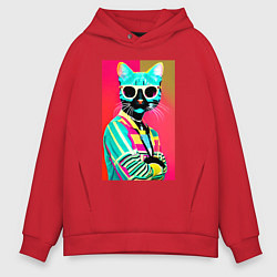 Толстовка оверсайз мужская Cat in sunglasses - pop art, цвет: красный