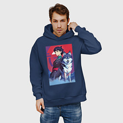 Толстовка оверсайз мужская Девочка со своим другом волком - аниме, цвет: тёмно-синий — фото 2