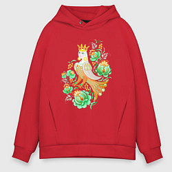Толстовка оверсайз мужская Птица Сирин среди русского орнамента, цвет: красный