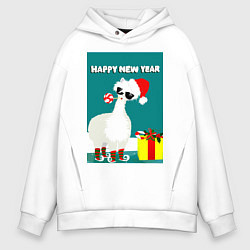 Мужское худи оверсайз Лама - альпака Санта Клаус на коньках