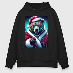 Толстовка оверсайз мужская Santa bear - ai art cyberpunk, цвет: черный