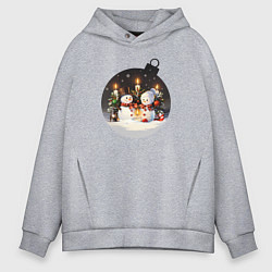 Мужское худи оверсайз Ёлочный шарик со снеговиками и свечами