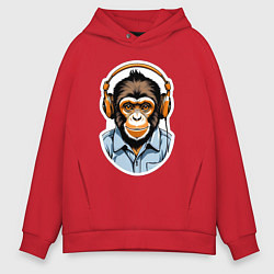 Толстовка оверсайз мужская Портрет обезьяны в наушниках, цвет: красный