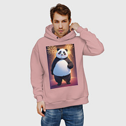 Толстовка оверсайз мужская Панда в свитере под салютом - ai art, цвет: пыльно-розовый — фото 2
