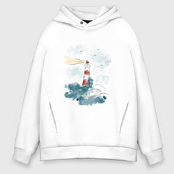 Мужское худи оверсайз Маяк и волны - акварель