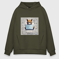 Толстовка оверсайз мужская Кот программист за ноутбуком, цвет: хаки