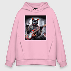 Мужское худи оверсайз Чёрный котяра рок гитарист