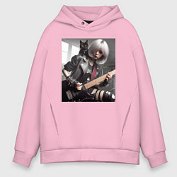 Мужское худи оверсайз Девчонка рок гитарист с чёрным котом