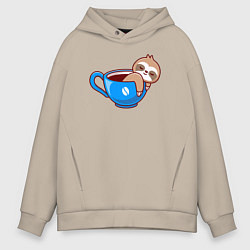 Мужское худи оверсайз Ленивец в чашке кофе