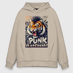 Толстовка оверсайз мужская Cool tiger - punks not dead, цвет: миндальный