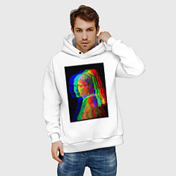 Толстовка оверсайз мужская Девушка с жемчужной серёжкой с глюками, цвет: белый — фото 2