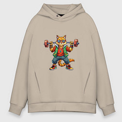 Мужское худи оверсайз Крутой рыжий кото держит гантель