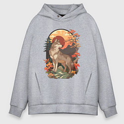 Толстовка оверсайз мужская Волк в лесу в японском стиле, цвет: меланж