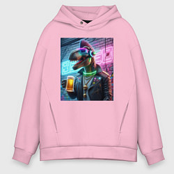 Толстовка оверсайз мужская Dinosaur dude with a beer mug wearing headphones a, цвет: светло-розовый
