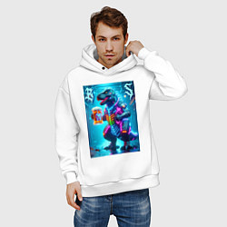 Толстовка оверсайз мужская Неоновый кибер пивозавр - нейроарт, цвет: белый — фото 2
