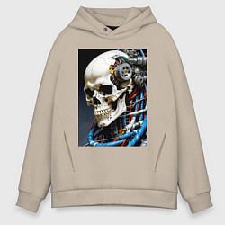 Толстовка оверсайз мужская Кибер череп - нейроарт фантазия, цвет: миндальный