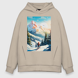 Мужское худи оверсайз Лыжник в горах